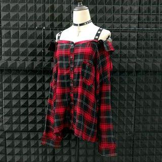 Plaid Cold-shoulder Strapped Shirt Red - One Size
