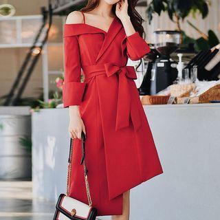 One Shoulder Tie Waist Long-sleeve Dress