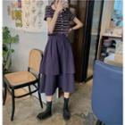 Striped Cropped Short-sleeve T-shirt / High Waist Midi A-line Skirt
