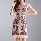 Cap-sleeve Embroidered Floral A-line Dress