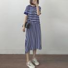 Short-sleeve Striped A-line Midi Knit Dress