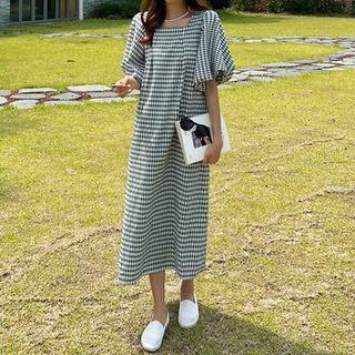 Balloon-sleeve Gingham Long A-line Dress