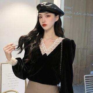 Lace Trim Cropped Velvet Blouse