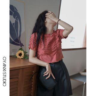 Lettuce Edge Shirred Short-sleeve Cropped T-shirt