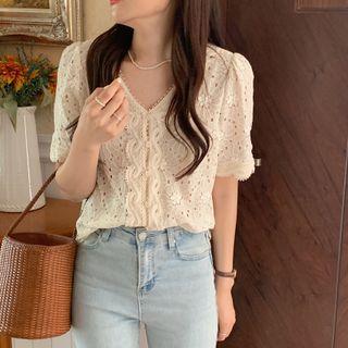 Short-sleeve Eyelet Lace Blouse Beige - One Size