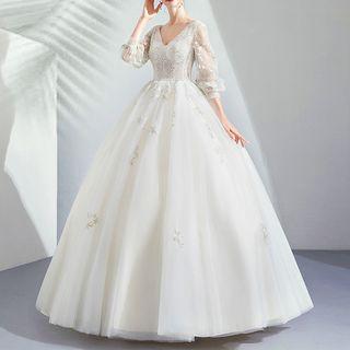 3/4-sleeve Embellished A-line Wedding Gown
