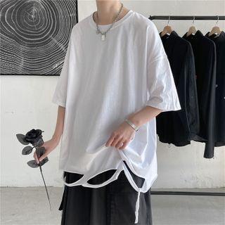 Short-sleeve Plain Distressed T-shirt