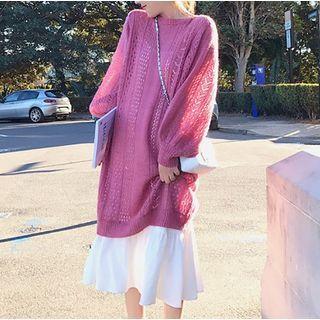 Set: Pointelle Knit Top + Spaghetti-strap Midi A-line Dress