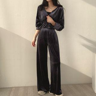 Set : Velvet Long-sleeve Zip Jacket + High-waist Wide Leg Pants