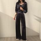 Set : Velvet Long-sleeve Zip Jacket + High-waist Wide Leg Pants