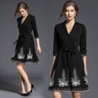 Embroidered Wrap Front 3/4-sleeve A-line Dress