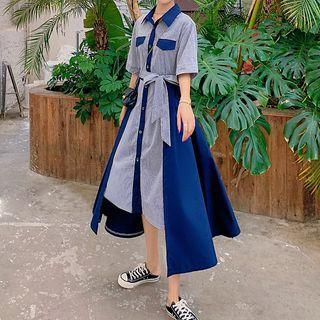 Elbow-sleeve Striped Panel Asymmetrical Shirt Dress