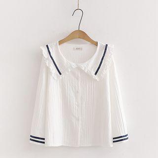 Long-sleeve Contrast Trim Blouse As Shown In Figure - One Size
