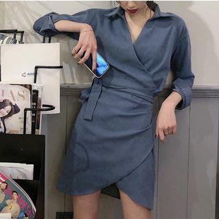 V-neck Long-sleeve Shirt Dress Blue - One Size