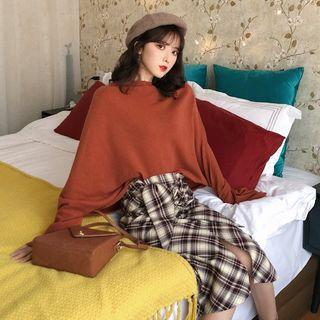 Long-sleeve Boxy Top / Plaid Midi H-line Skirt