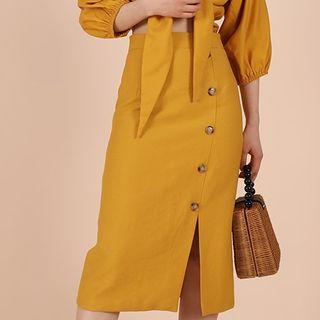 Buttoned High-waist Midi Straight-fit Skirt