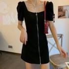 Short-sleeve Square Neck Zip-up Mini A-line Dress
