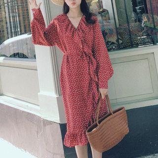 Ruffle Trim Dotted Long-sleeve Dress