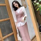 Knit Camisole Top / Midi Pencil Skirt / Plain Shirt / Set