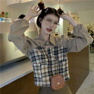 Long-sleeve Cutout Plaid Crop Top