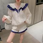 Ruffled Hooded Loose Jacket / Ruffled Wide-leg Shorts