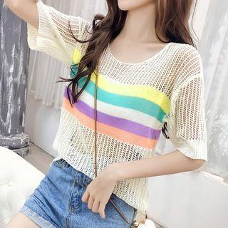 Striped Short-sleeve Open Knit Top