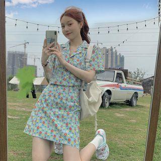Short-sleeve Floral Shirt + High-waist Floral A-line Skirt