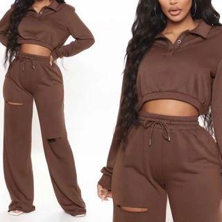 Set: Polo-neck Sweatshirt + Distressed Sweatpants