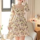 Lace-yoke Frilled Floral Dress Yellow - One Size