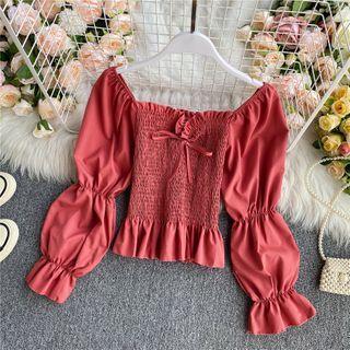 Square-neck Ruched Long-sleeve Cropped Chiffon Shirt