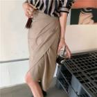 Long-sleeve Polo Collar Striped Shirt / High-waist Asymmetrical Slit Plain Midi Skirt