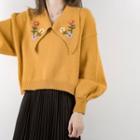 Floral Embroidered Collared Cropped Sweater