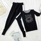 Set: Embroidered Colorblock Top + Harem Pants Gray - One Size