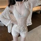 Crochet Knit Cropped Halter Top / Open Front Cardigan / Shorts