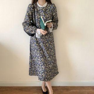 Set: Mock Neck Plain Lace Top + Long-sleeve Floral Dress Set Of 2: Dress - Floral - One Size & Top - White - One Size