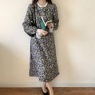 Set: Mock Neck Plain Lace Top + Long-sleeve Floral Dress Set Of 2: Dress - Floral - One Size & Top - White - One Size
