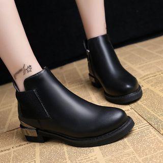 Faux Leather Metal Accent Elastic Panel Ankle Boots