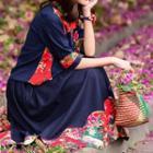 Set: Elbow-sleeve Floral Top + A-line Midi Skirt