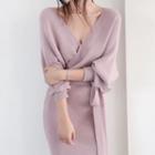 Balloon-sleeve Tie-front Midi Sweater Dress Purplish Pink - One Size