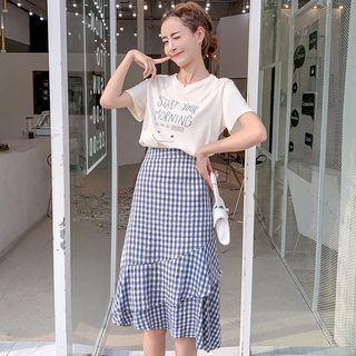 Set: Lettering Short-sleeve T-shirt + Check A-line Midi Skirt