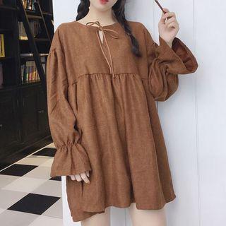 Tie-neck Long-sleeve Mini Shift Dress