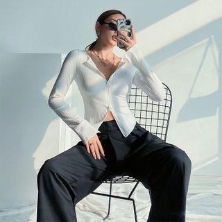Long-sleeve Zipper Cropped T-shirt