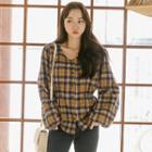 V-neck Tie-side Plaid Blouse