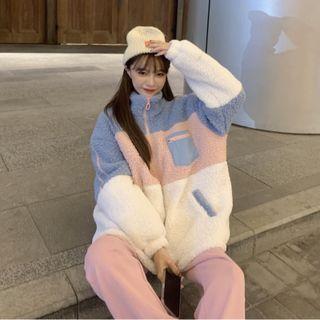 Stand-collar Color Block Long-sleeve Mock Furry Jacket Purple & Pink & White - One Size