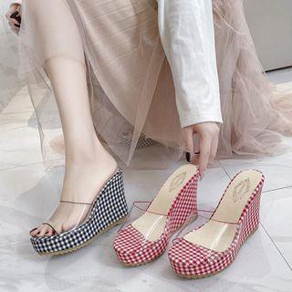 Platform Wedge Heel Gingham Slide Sandals