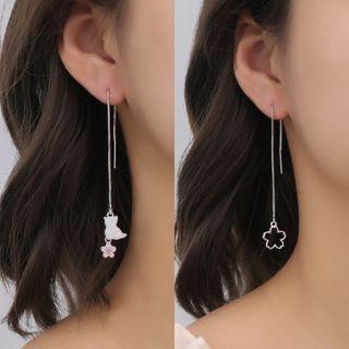 Cat & Flower Sterling Silver Dangle Earring 1 Pair - Pink & Silver - One Size
