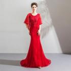 Elbow-sleeve Lace Panel Sheath Evening Gown