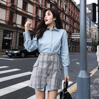 Set: Plaid Long Shirt + Plaid Buttoned A-line Skirt