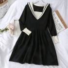 Sailor-collar Knit A-line Dress Black - One Size