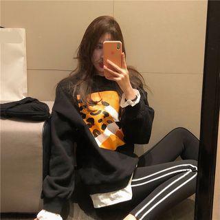 Mock Two-piece Printed Pullover Black - One Size